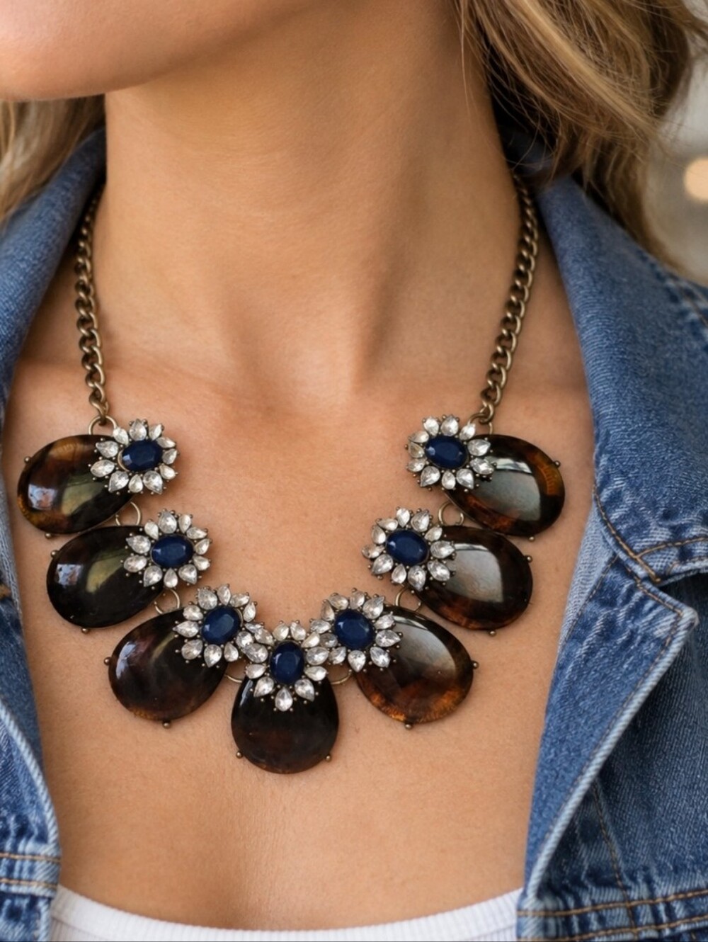 BAUBLEBAR Lucite Faux Tortoise Faceted Clear Rhinestone Navy Statement Necklace